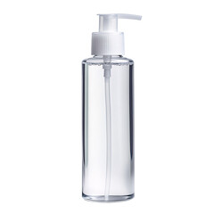 Transparent dispenser bottle showcases a clear liquid, perfect for hygiene, healthcare or cosmetic product presentations against a black background.