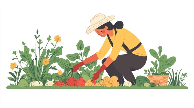Woman gardening in a vegetable patch. Illustration for educational or gardening purposes