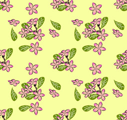 seamless floral pattern featuring pink flowers and green leaves on a light yellow background. 