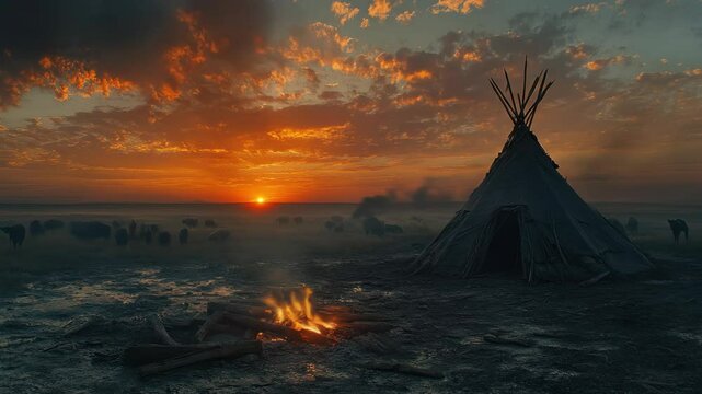 Campfire glows by tipi under a vibrant, cloudy sunset sky