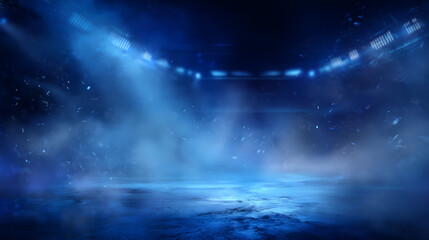 "Futuristic Blue Light Sport Stadium Background with Glowing Spotlights, Atmospheric Fog, and Dramatic Night Lighting
