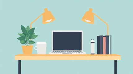 Workspace with laptop, plants, and lamps.  Ideal for office or home