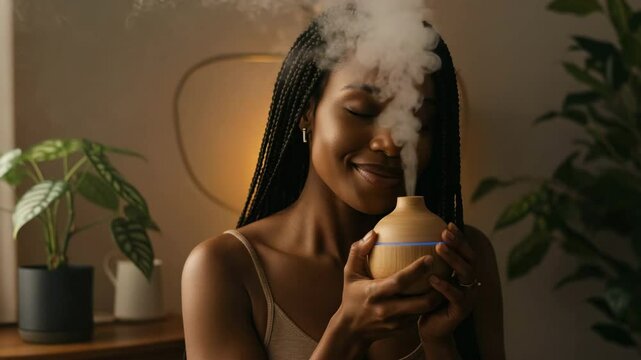 Peaceful young Black woman with eyes closed inhaling aromatic mist from a natural wood essential oil diffuser