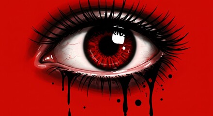 Intense, bloodshot red eye with dark tears on a stark red background.