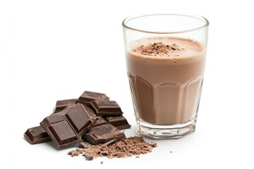 Artistic food display with glossy dark chocolate pieces arranged near a transparent glass of hot cocoa drink