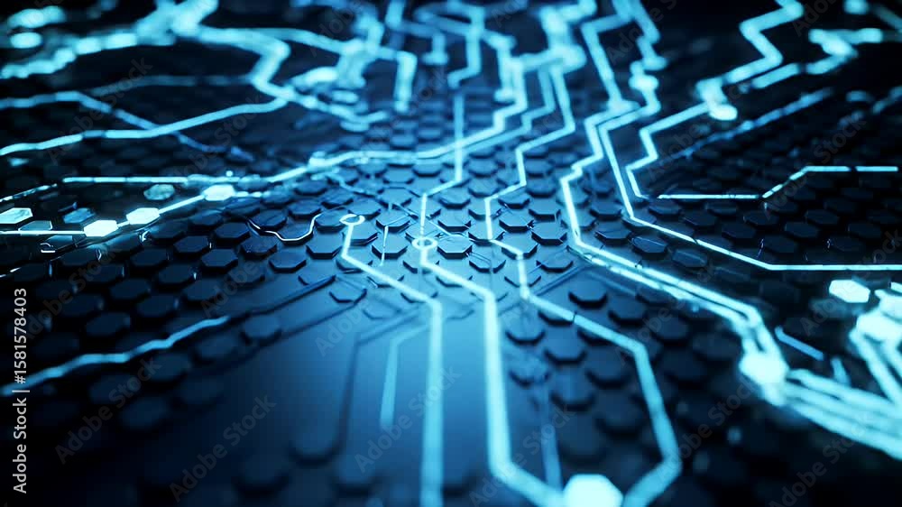Poster glowing blue circuit board with hexagonal patterns in a futuristic technology design