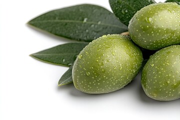 Obraz premium Close-up of fresh green olives with natural texture and glossy surface isolated on white background