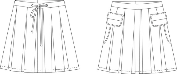 CAD drawing flat vector illustration, pleated skirt technical sketch, garment design front and back, sewing pattern fashion template design