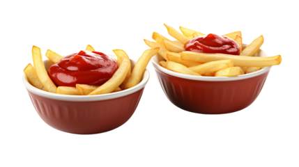 Fresh golden French fries sit in red bowls topped with ketchup against a black backdrop ready for serving or creative restaurant designs.