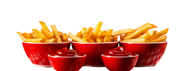 Golden french fries served in red bowls with ketchup offer a delicious fast food treat against a dark background.