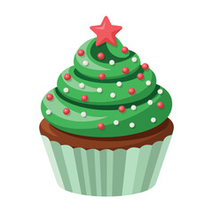 Festive christmas tree cupcake with green frosting and red and white sprinkles
