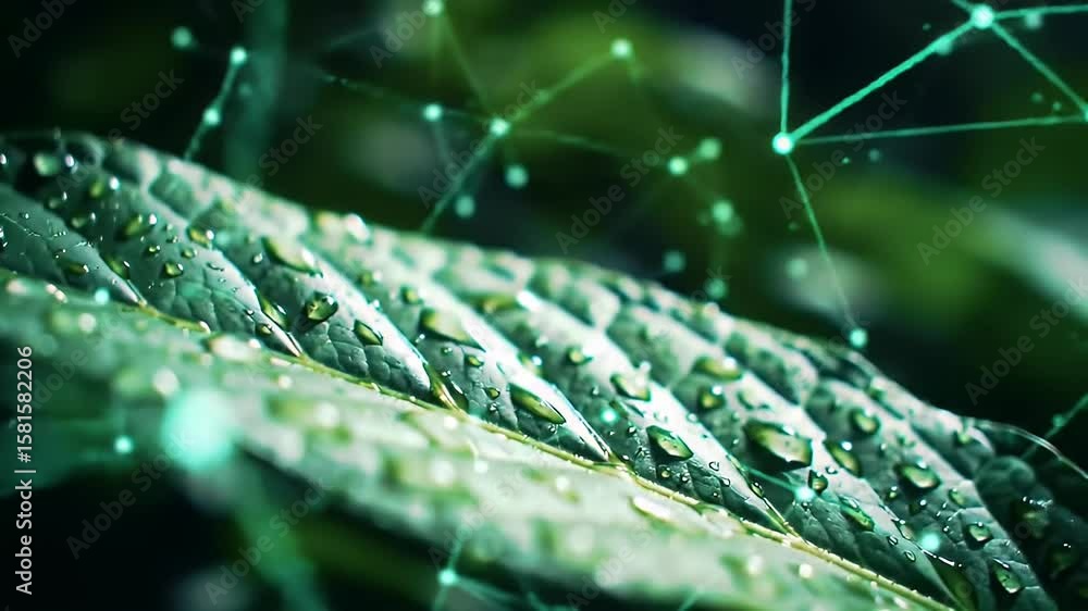 Poster leaf surface with water droplets and abstract green network overlay on dark blurred background