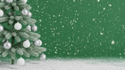 Decorated Christmas tree with white and silver ornaments against a green background with falling snow - Powered by Adobe