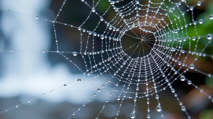 Delicate spider web glistens with dew drops near beautiful waterfall in indigenous territory, showcasing nature intricate artistry