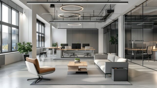 High-tech office space with contemporary furniture and cutting-edge technology, showcasing modern business.