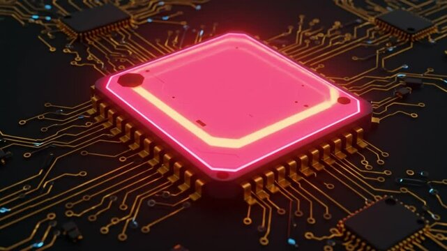 A close up of a pink computer chip with gold connectors on a black circuit board illustration
