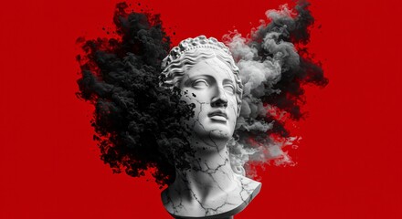 A classical bust shattering with black and white smoke erupting from it, on a red background.