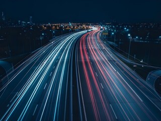 Stunning aerial view of illuminated highway light trails at night, showcasing dynamic movement and urban landscape. Perfect for concepts of speed, transportation, and modern infrastructure