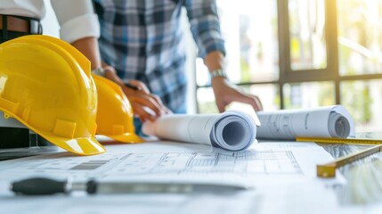 Engineer and architect examining construction blueprints and plans on a table in an office.