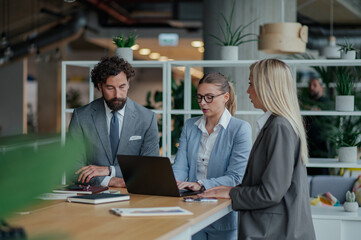 Business team working together on laptop in modern office