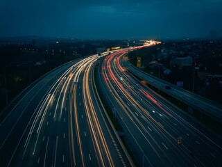 Stunning aerial view of illuminated highway light trails at night, showcasing dynamic movement and urban landscape. Perfect for concepts of speed, transportation, and modern infrastructure