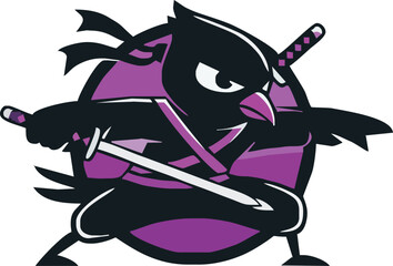 A fierce, purple-clad ninja owl brandishes two swords, poised for action within a circular emblem. © Fitrawati
