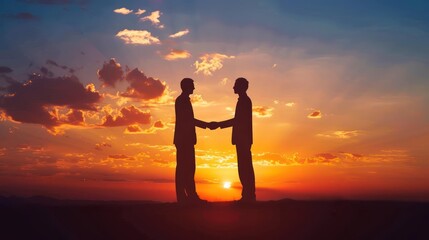 Handshake between two silhouettes against a sunset sky, illustrating partnership