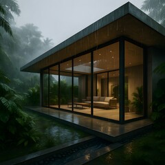 Fototapeta premium Modern Glass House in Lush Rainforest