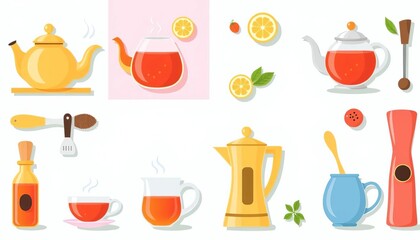 A cheerful set of vector flat style illustrations of tea-related kitchen objects ,   illustration,  tea