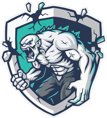 A fierce, muscular creature bursts through a cracked, protective shield.