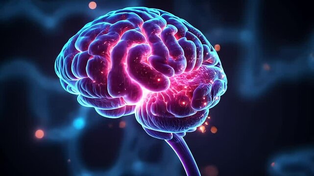 3D rendering of an active brain.  Brain activity highlighted with glowing energy