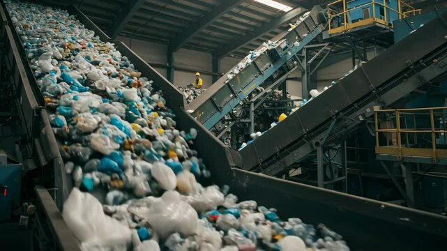 Plastic Bottles on Conveyor Belt in Recycling Facility with Industrial Machinery