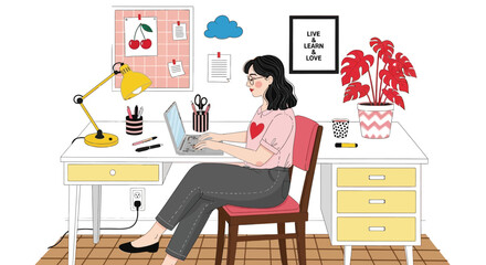 Woman working on a laptop at home desk, surrounded by plants.