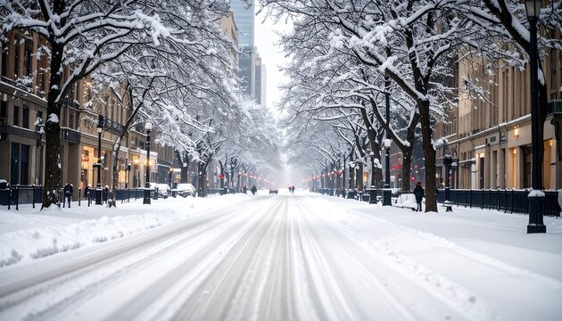 Snowy city street lined with trees