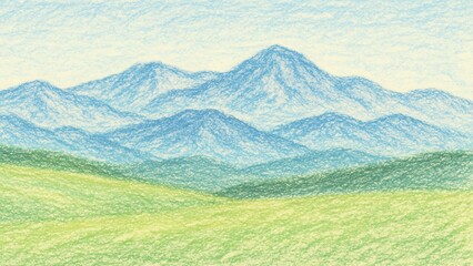 Fototapeta premium 春から夏にかけての山々の風景のクレヨン画(16:9 横長バナー コピースペース)