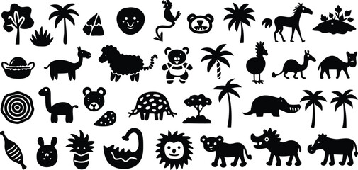 Vector art of a diverse collection of black animal and nature silhouettes on a white background.