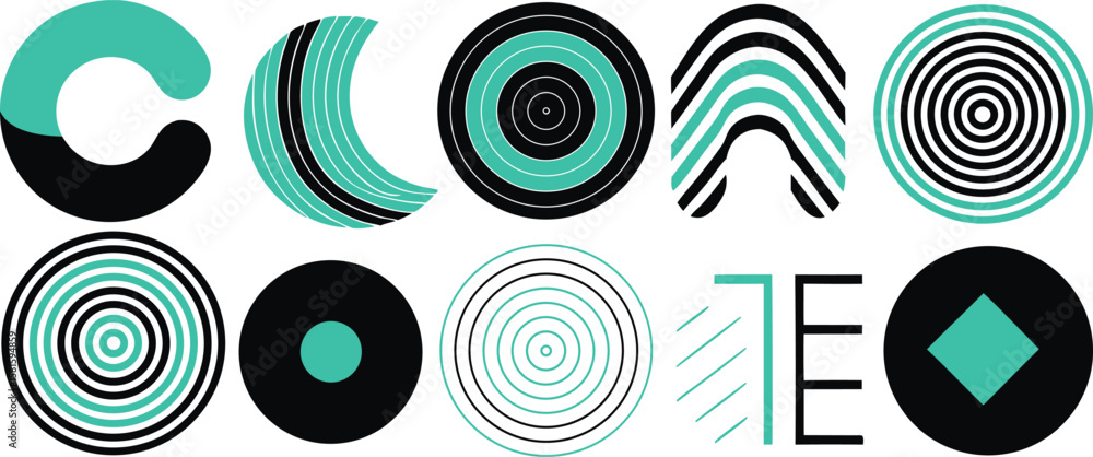 Poster vector art of a collection of abstract geometric shapes and patterns in black and turquoise.