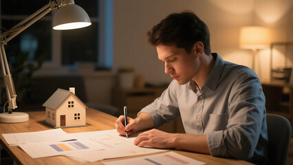 Man at desk writing on papers with model house and lamp showing financial planning at night time