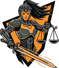 A futuristic female warrior, clad in armor, wielding a sword and scales of justice, symbolizing strength and legal authority.