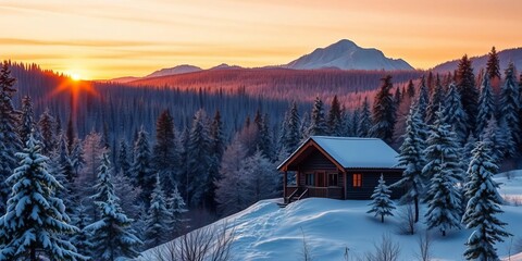 Sunrise paints a snowy mountain hut nestled in a tranquil winter forest, white, pine