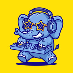 Obraz premium Cool Blue Elephant DJ Mixing Music Cartoon Character Illustration
