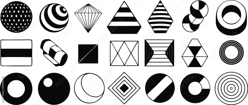 Poster vector art of a diverse collection of black and white geometric shapes and patterns arranged in a gr