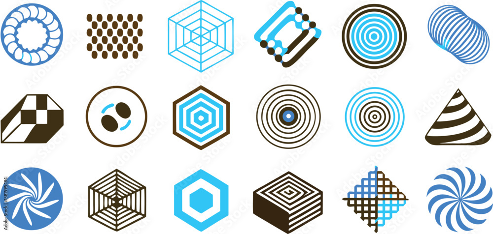 Poster vector art of a diverse collection of abstract geometric shapes and patterns in blue and brown.