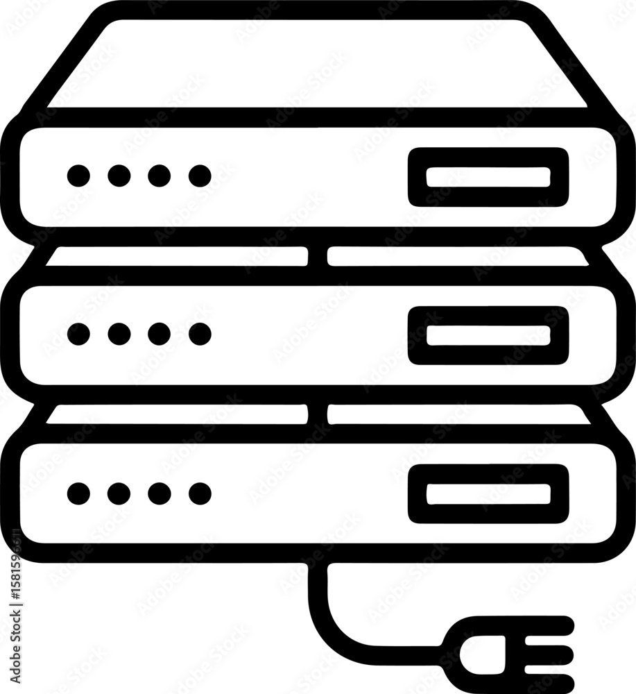Poster stack of three server racks with a power plug icon connected