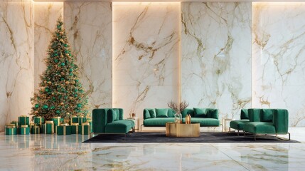 Sophisticated Holiday Room With Marble Walls and Green Christmas Tree Decorated in Gold &ndash; Wrapped Presents Neatly Arranged