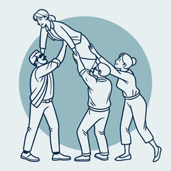 Illustration of a Diverse Group of People Collaboratively Lifting a Person in a Supportive Gesture Emphasizing Unity and Collective Strength in