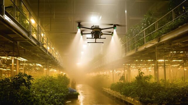 Agricultural drone technology enables automated spraying of nutrient mist for plant cultivation indoor farming greenhouses using modern technology
