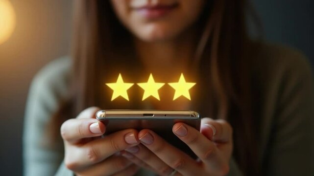 Woman Giving Five-Star Rating on Mobile Phone