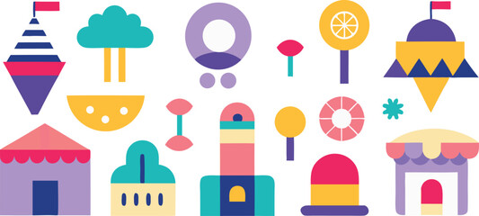 Vector art of a collection of colorful, flatdesigned amusement park icons and elements