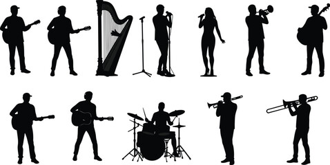 Musicians, Performing, Instruments, Silhouettes, Band, Singer, Guitarist, Drummer, Trumpeter, Harpist, Bassist, Music Ensemble, Stage, Live Show, Artistic, 
